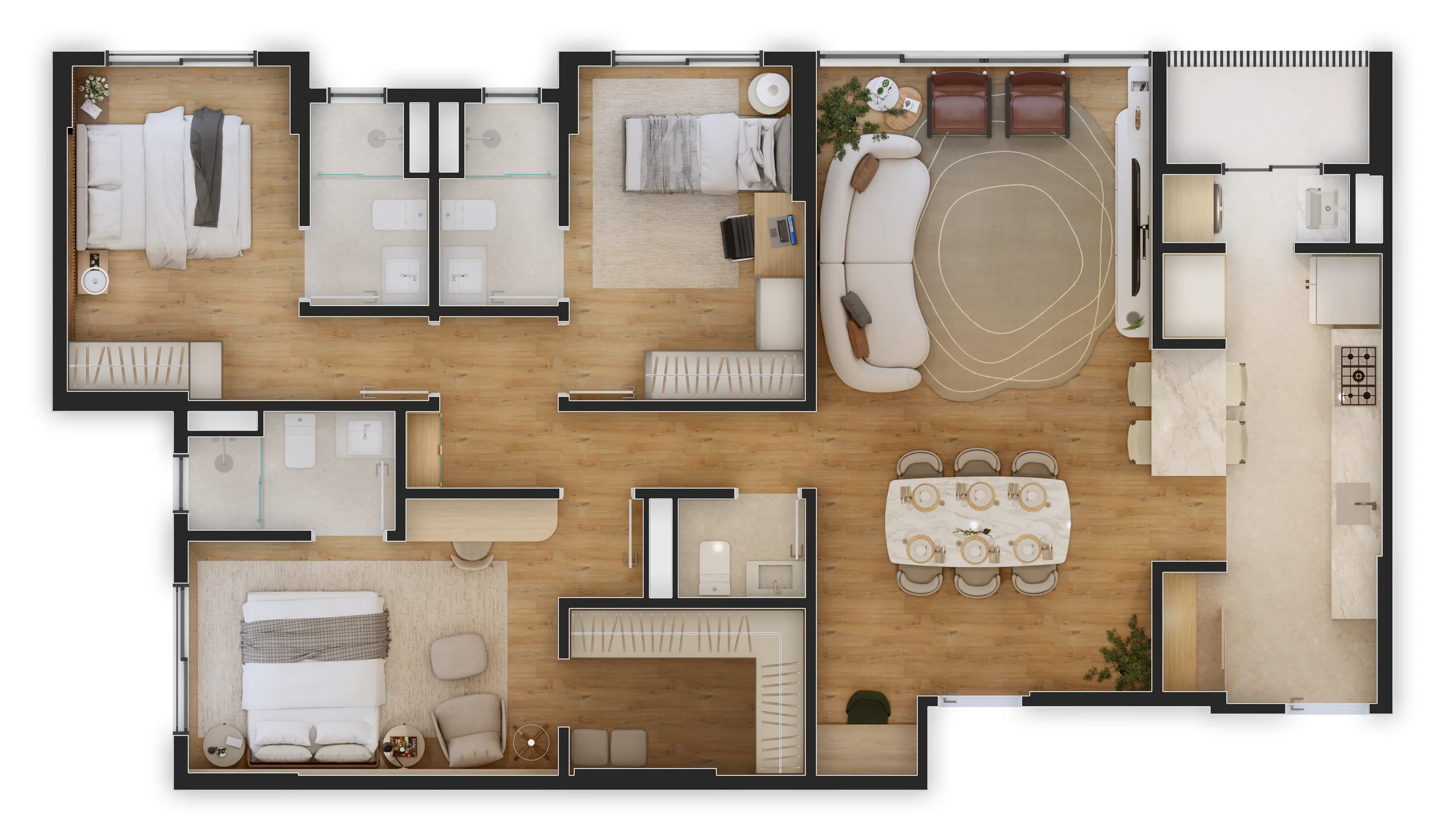 Planta tipo do apartamento de 126 m² com três suítes